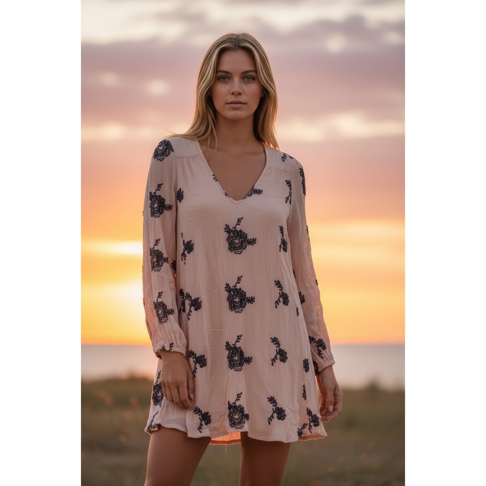Free People Embroidered Mini Dress Womens XS Peach Black Floral Boho Festival